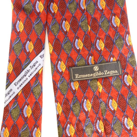 ERMENEGILDO ZEGNA Luxury Mens Red Wine Multicolor Tie Necktie 100% Silk Art Deco - Picture 5 of 10